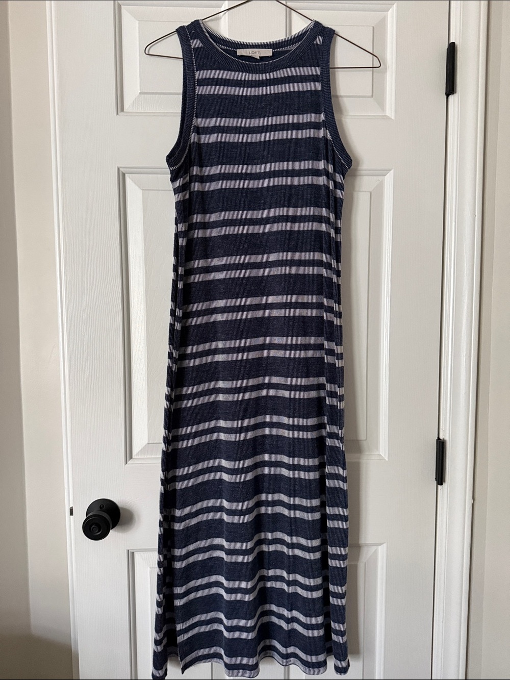 LOFT Navy and Light Gray Striped Maxi Dress